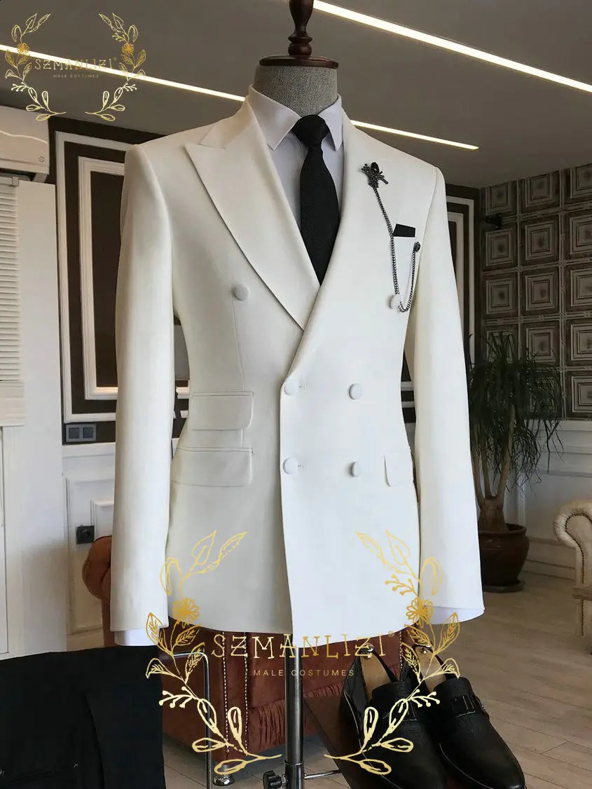 Trajes para hombres Blazers Marfil Hombres Boda Esmoquin Smoking Blazer Doble botonadura Trajes de novio para hombres 2 piezas Fiesta Hombre Chaqueta Pantalón por encargo 231109