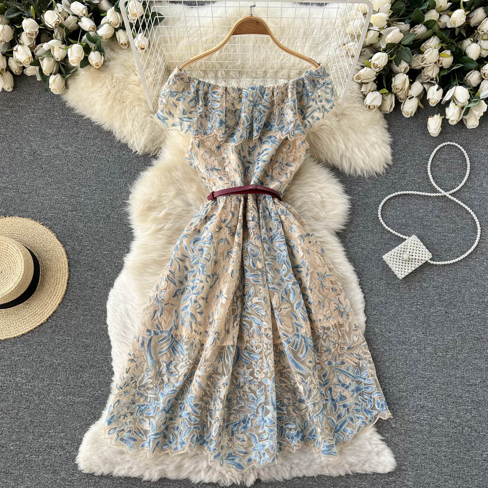 2023 Robes décontractées Design Sense Industrie lourde Broderie Robe de maillage Sweet Gentle Style Sans manches V Vestidos A-line