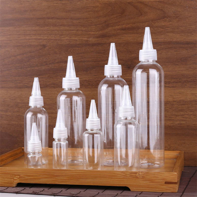 PET -droppflaskor spetsiga kepsar 5 ml 10 ml 15 ml 20 ml 30 ml 50 ml 60 ml 80 ml 100 ml 120 ml Klar kosmetisk plastförpackningsresor Vätska E -oljor Atomizer Tom container