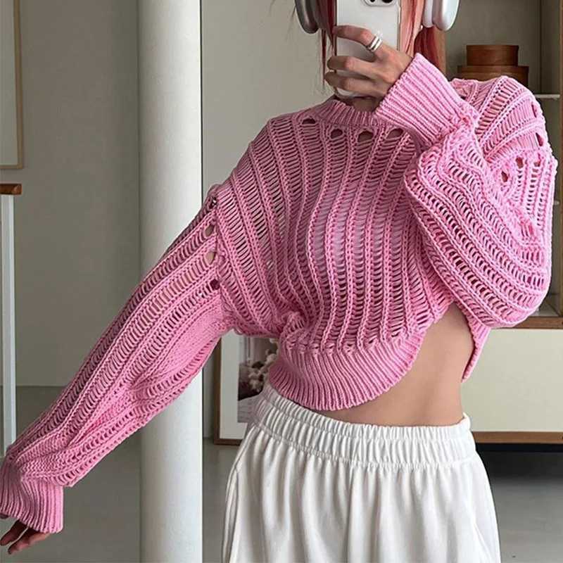 Kvinnors tröjor Jocoo Jolee Winter Sweater 2023 Solid Hollow Out Basic Short Pullover SOTF varm stickad avslappnad beskuren topkgl8