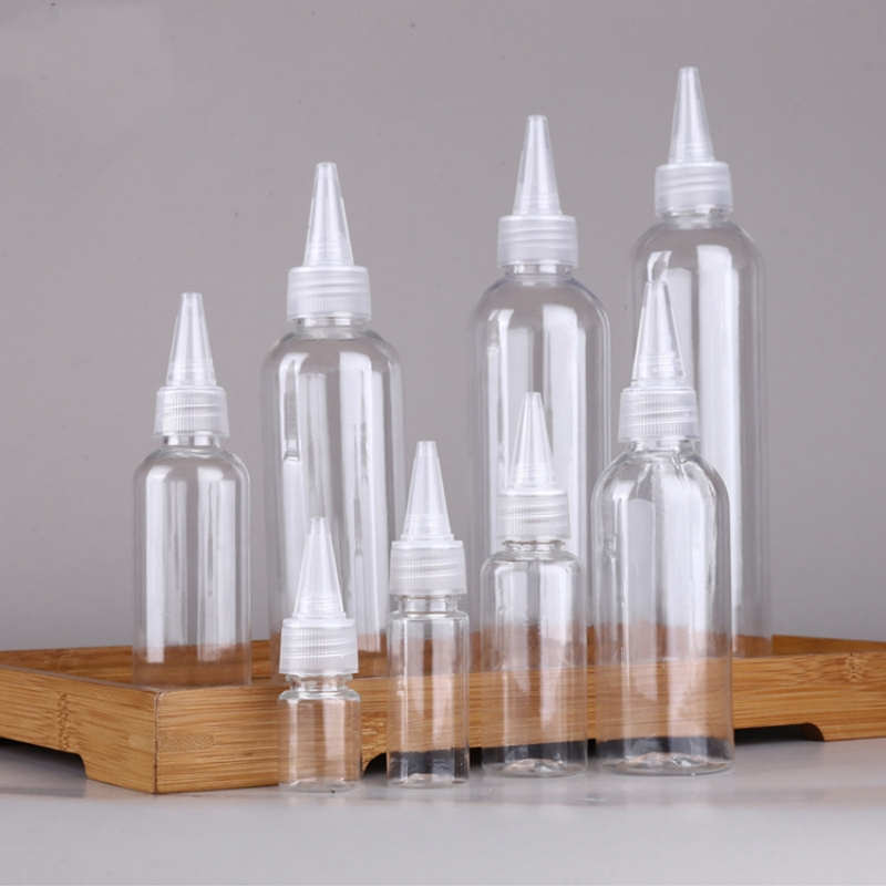 PET -droppflaskor spetsiga kepsar 5 ml 10 ml 15 ml 20 ml 30 ml 50 ml 60 ml 80 ml 100 ml 120 ml Klar kosmetisk plastförpackningsresor Vätska E -oljor Atomizer Tom container