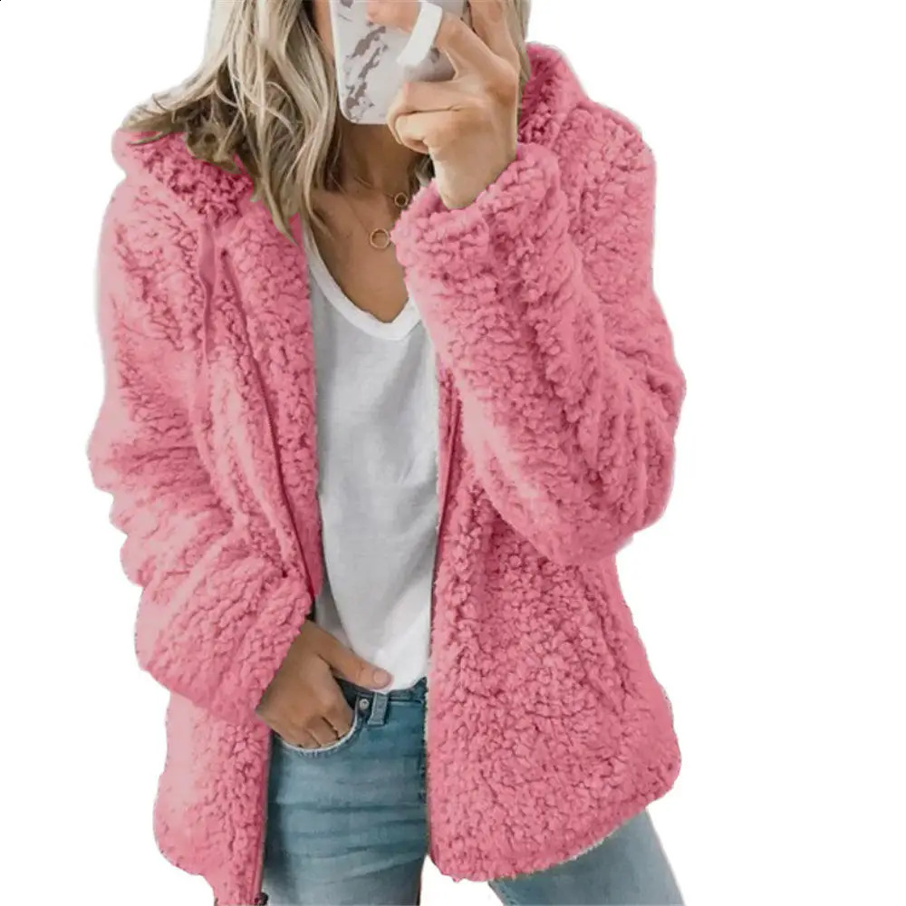 Damesjassen 2023 Herfst Winter Elegante Beer Teddy Nepbontjas Vrouwen Dikke Warme Zachte Fleece Jas Vrouwelijke Zak Rits veste femme 231109