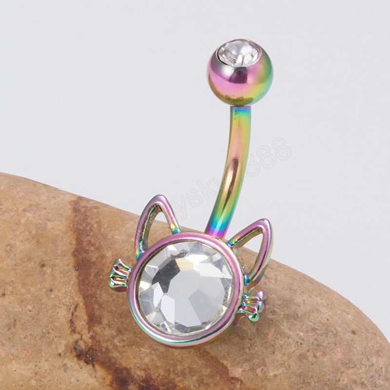 Anello ombelico sexy del gatto del fumetto Fascino alla moda Anello in acciaio inossidabile con zirconi in cristallo Anello ombelico da spiaggia Gioielli penetranti il corpo le donne