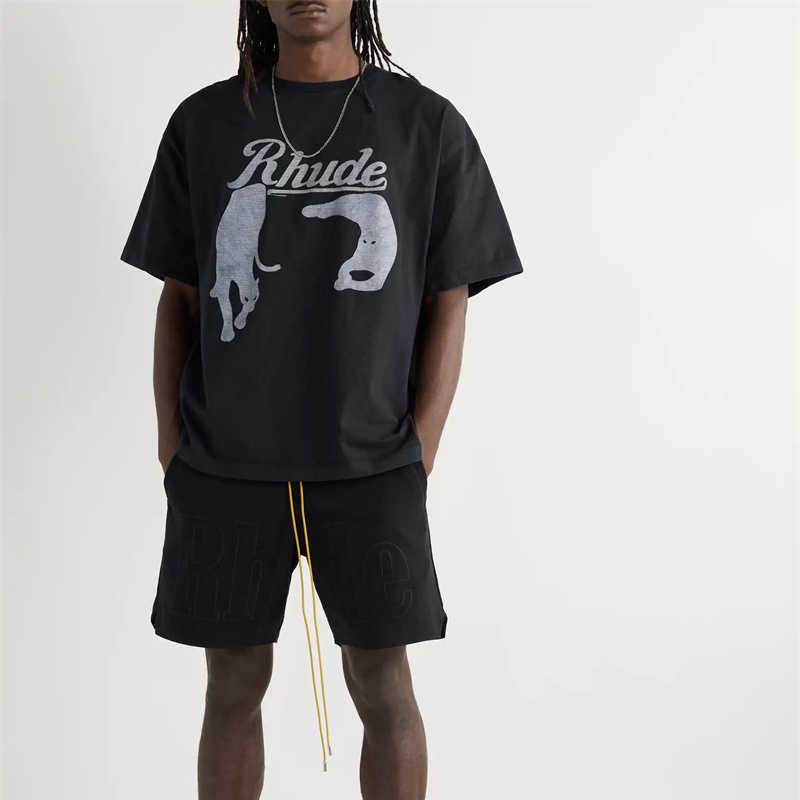 メンズTシャツRhude新しい春と夏のレトロナイトキャットプリントハイストリートコットン高品質のTシャツブラックS-XL