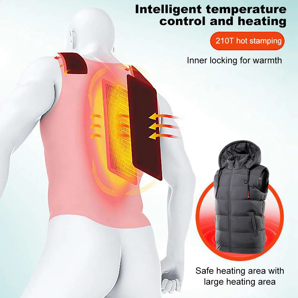 Gilets pour hommes 9 zones de chauffage unisexe gilet électrique 3 niveaux thermique avec capuche hommes gilet d'hiver pour la randonnée 231109