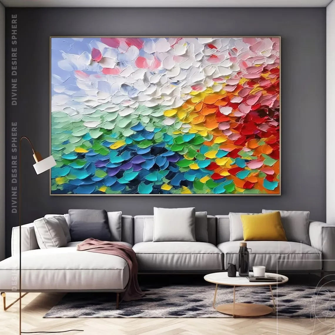 Pintura a óleo de pétalas coloridas pintadas à mão em tela, arte de parede 3D colorida grande, arte em tela de textura floral, presentes de aquecimento de casa