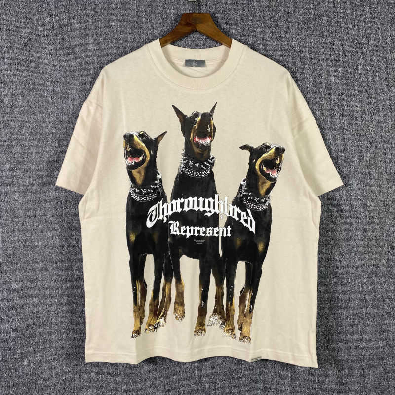 T-shirt à manches courtes à imprimé chien répété Wash Old American High Street Retro T-shirt ample à col rond pour hommes et femmes