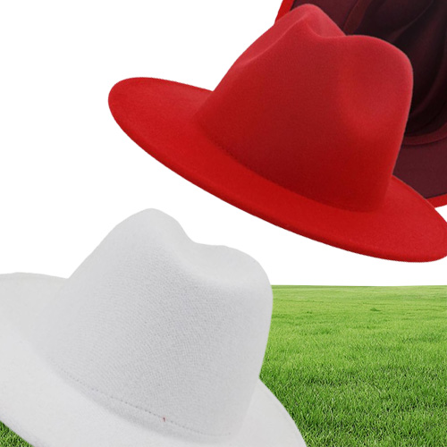 FS White Red Patchwork Wool Feel Jazz Fedora Hat Women Unisex Wide Brim Panama Party Trilby Cowboy Cap Men Gentleman Wedding Hat515313829