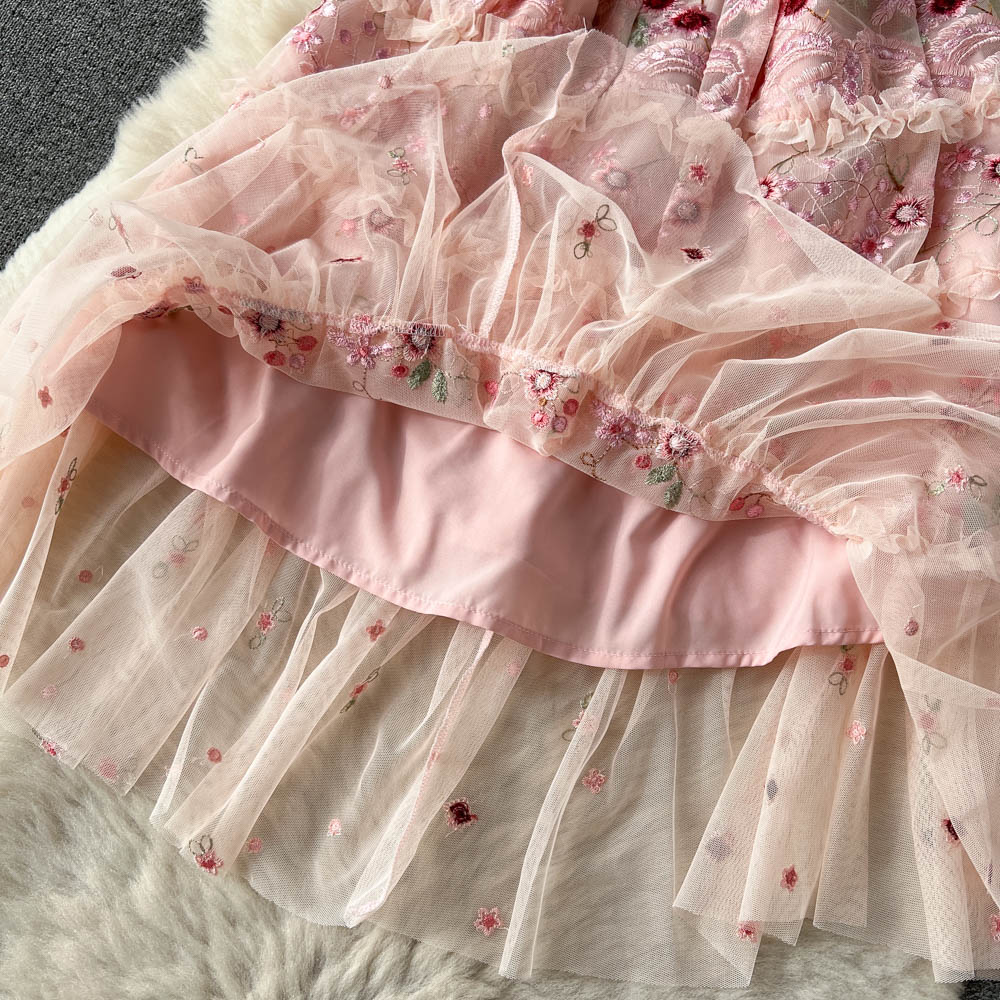 Robes décontractées Luxruy mode printemps été rose maille fleur broderie robe 2023 nouvelles femmes élégantes à manches courtes volants Tulle genou Vestidos