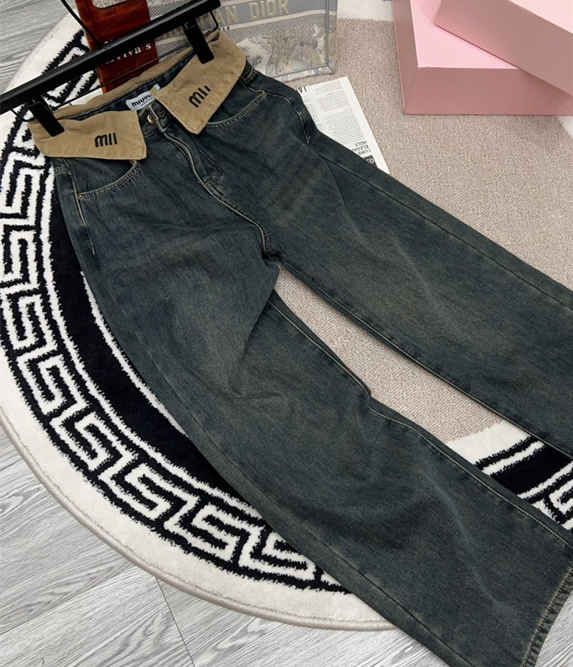 Femme denim kaki revers rétro en détresse bleu foncé jean lettre logo brodé peluche denim décontracté pantalon droit