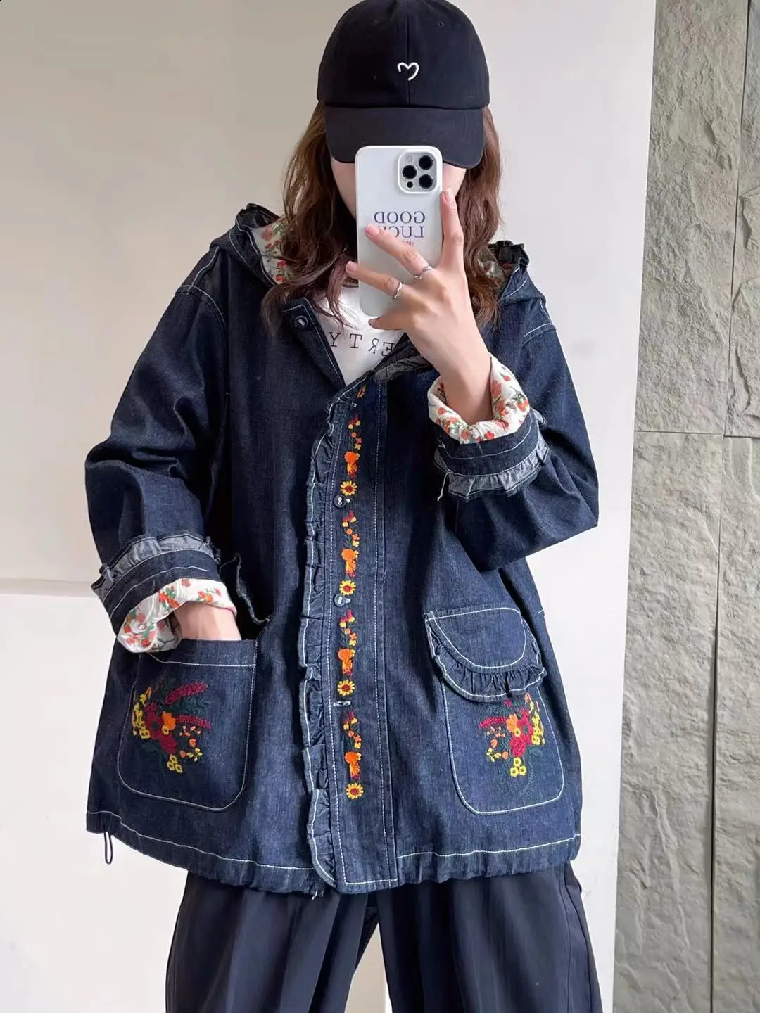 Women's Fur Faux Vintage Blue Floral Embroidery Hooded Denim Jacket Women Autumn Sweet Mori Girl Ruffled Kawaii Long Sleeve Loose Female Outwear 231109