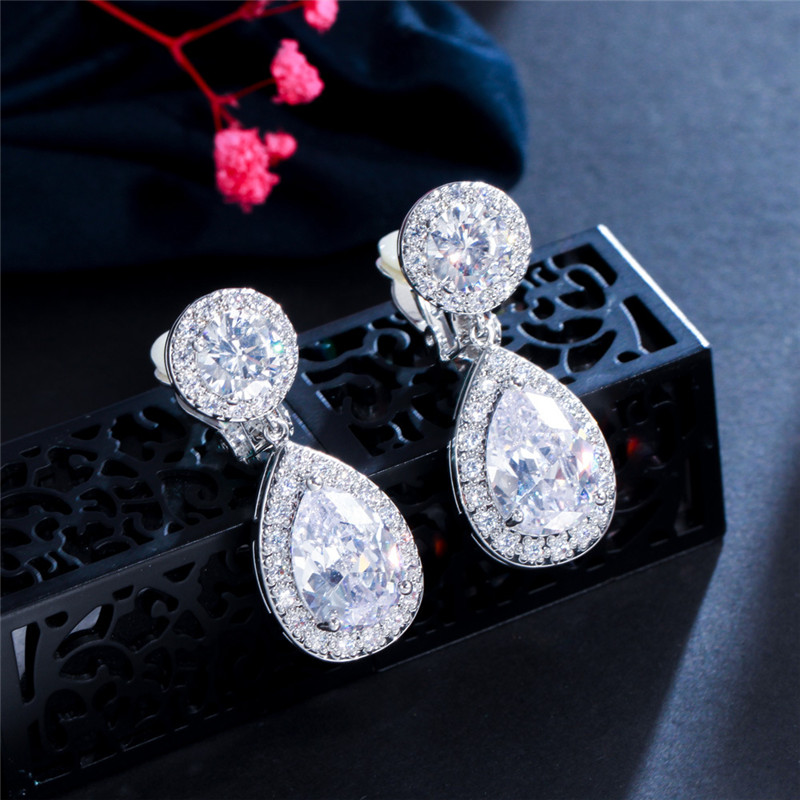 Senhora luxo prata clip ons brinco designer para mulher clipes de orelha não perfurados cobre branco aaa zircônia gota diamante feminino casamento noivado brincos pendurados jóias