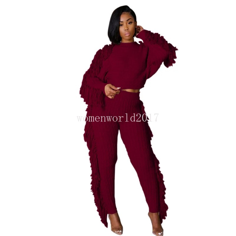 Designer Knitted Two Sets Women Fall Winter Tassels Tracksuits Long Sleeve Knitting Sweater and Pants Thicker Warm Sweatsuits Wholesale Clothes