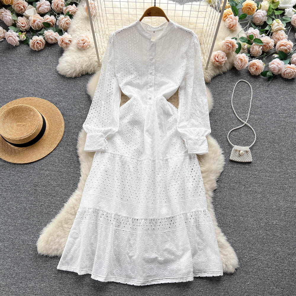 Vestidos casuais vermelhos Uma linha novo Casual Spring Autumn Solid Slim Full Lady Dress A Line O pescoço Chiffon High Pullover Mid-Calf Women Dresses 2023