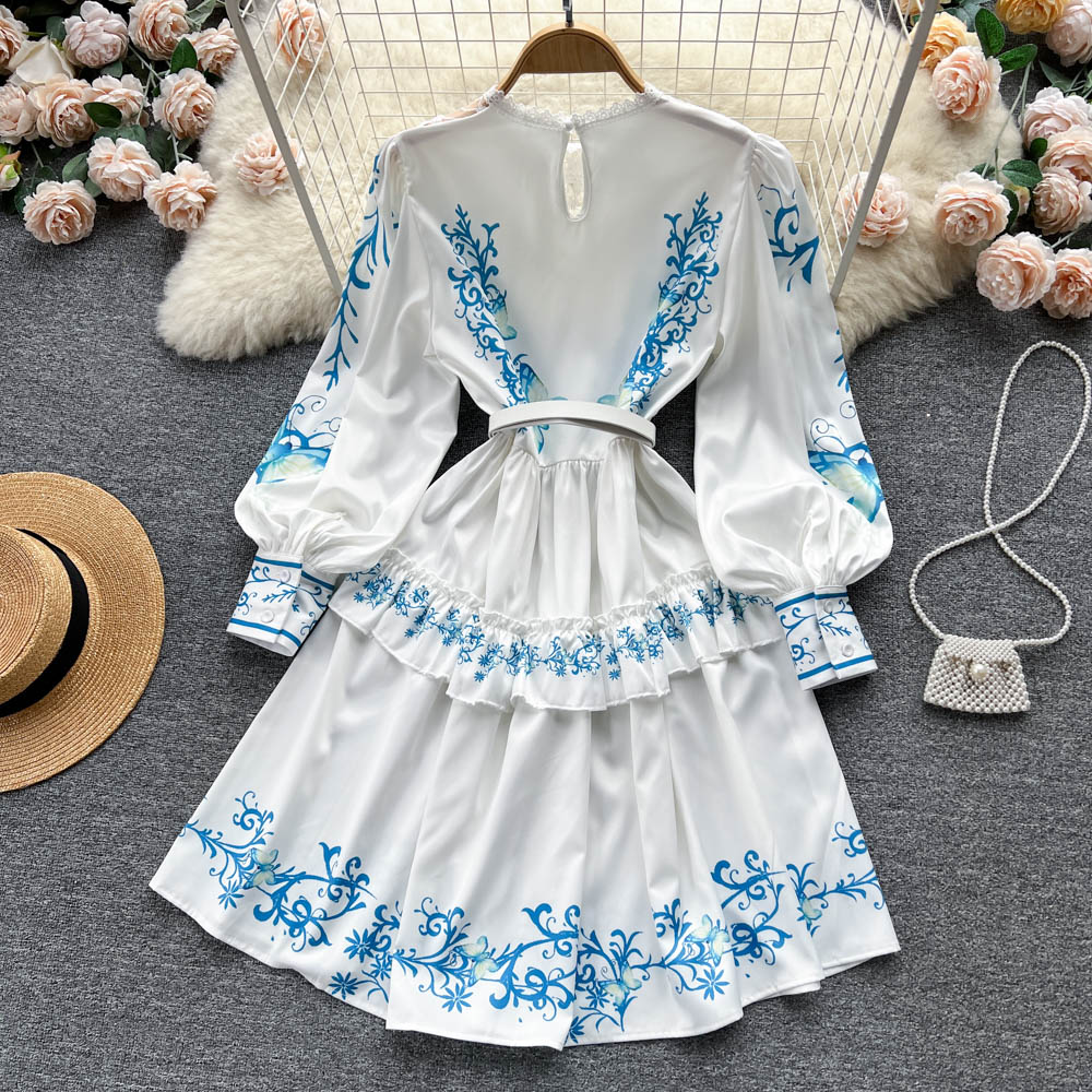 2023 Casual Dresses New Fashion Ruffles Sleeve Lace Hollow Out Summer Dress Women's Print High Waist Runway Dress Vestidos Da Festa