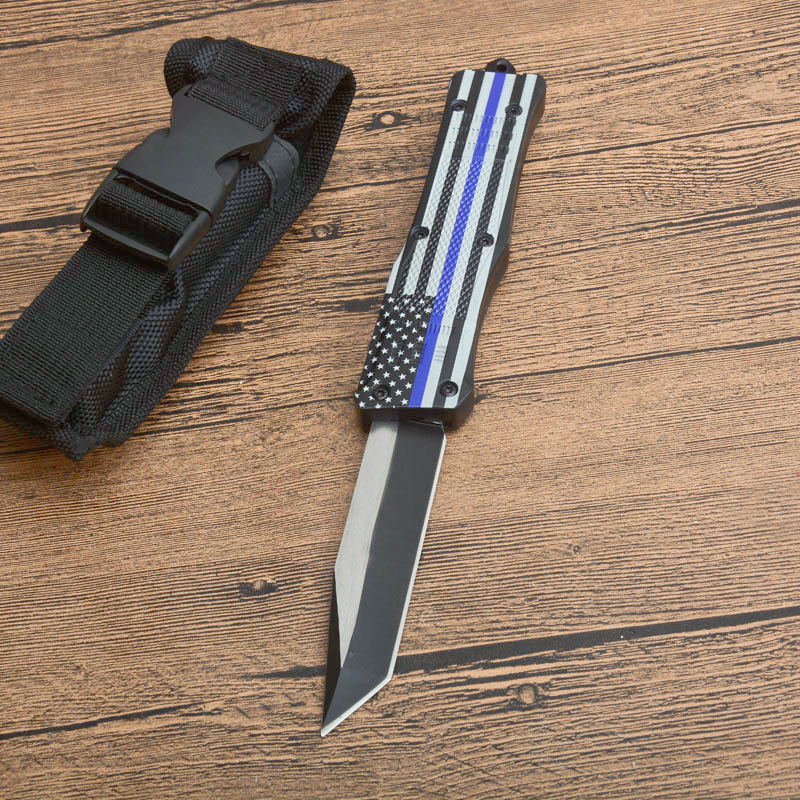 High Quality Blue Flag Handle A161 AUTO Tactical Knife 440C Two-tone Tanto Point Blade Zn-al alloy Handle EDC Knives With Nylon Bag