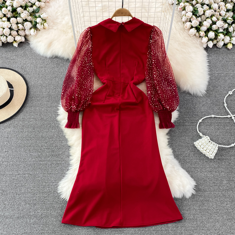 2023 Casual Dresses Korean Trendy All-match Dress V Neck Shiny Long Sleeve Patchwork Robe Pleated Single-breasted Design Sense Vestidos