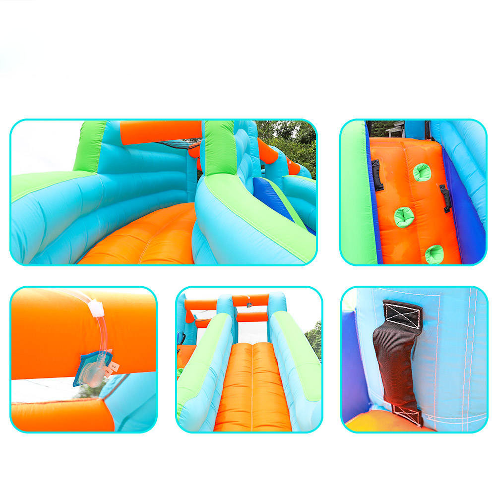 Inflatable Water Slide with Pool Blower Summer Playhouse Castle Water Park Bouncy House with Double Slides Water Spray Gun Climbing Wall for Kids 2-12 Outdoor Play