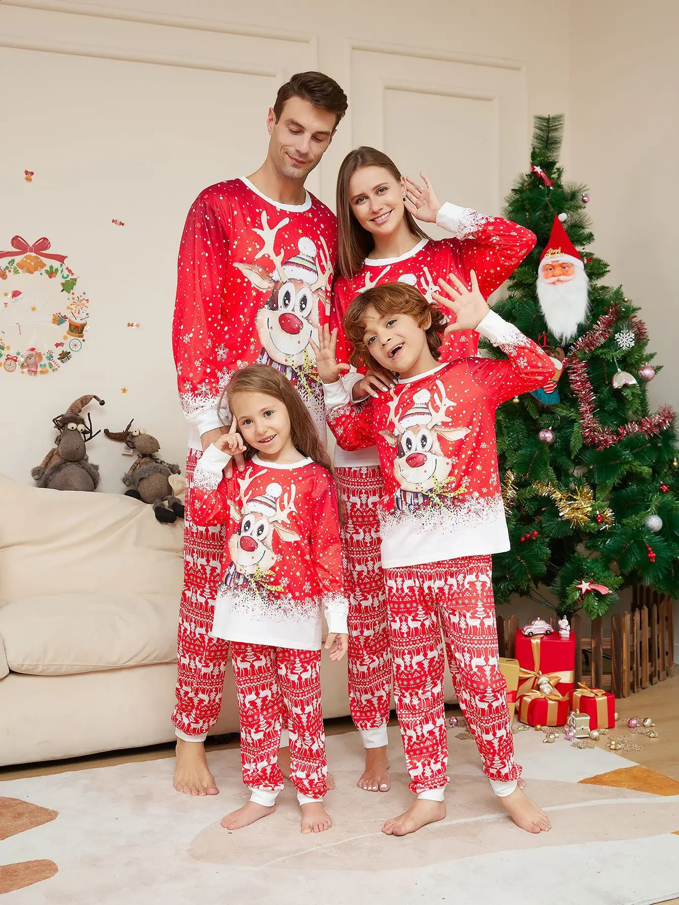 Одинаковые комплекты для семьи, рождественские пижамы, красный милый олень, полный комплект с длинными рукавами, пижамы Chrias, пижамы для мамы, дочки, мамы, детей, девочек, детские пары 231109