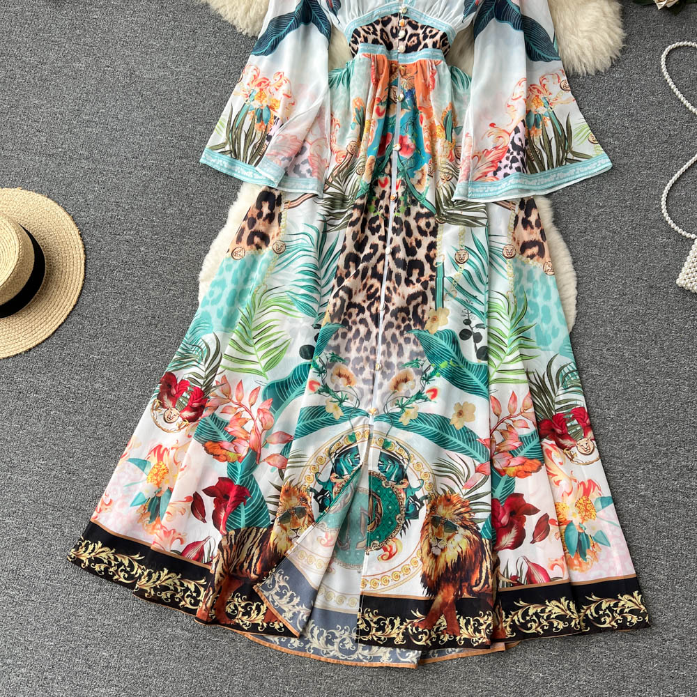 Robes Décontractées Sexy Une Ligne Col En V Printemps Été Imprimer Fleur Vacances Robe De Vacances Piste Femmes Imprimé Floral Arc Ceintures Longues Maxi Vestidos 2023