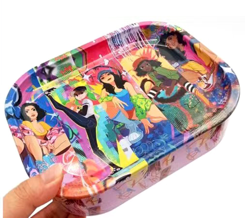 Cartoon Pattern Rolling Trays With Storgae Stash Box Kit 180x140x45mm Size For Tobacco Dry Herb Packaging Tinplate Metal Cigarette Tray Smoking Accessories