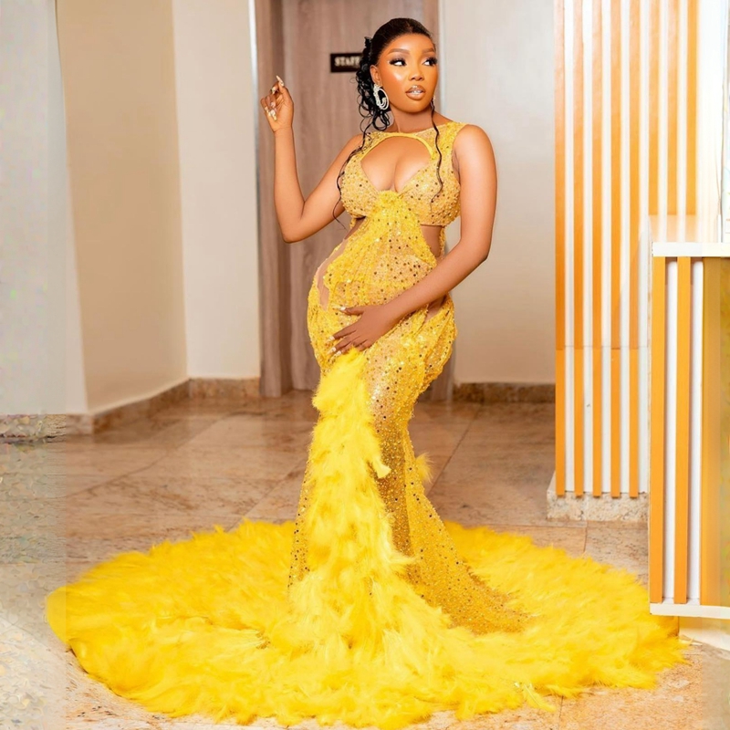 Sista ljusgul aso ebi sjöjungfru prom klänningar fjäder sjöjungfru lång tyll pärlast afrikansk glitter sexig aftonklänning klänningar parti backless party formella klänningar