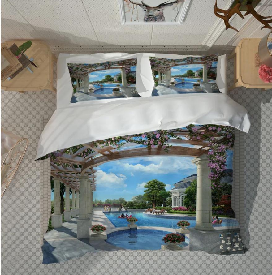 Nouveauté 3d ensembles de literie balcon piscine taie d'oreiller Polyester parure de lit Textiles de maison housse de couette