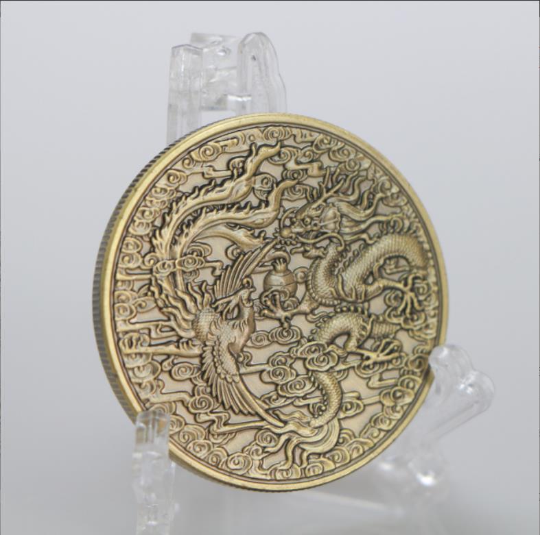 Konst och hantverk Dragon och Phoenix Auschmemorative Medallion Dragon och Phoenix 100 Bird Scale Family Happiness Commemorative Coin