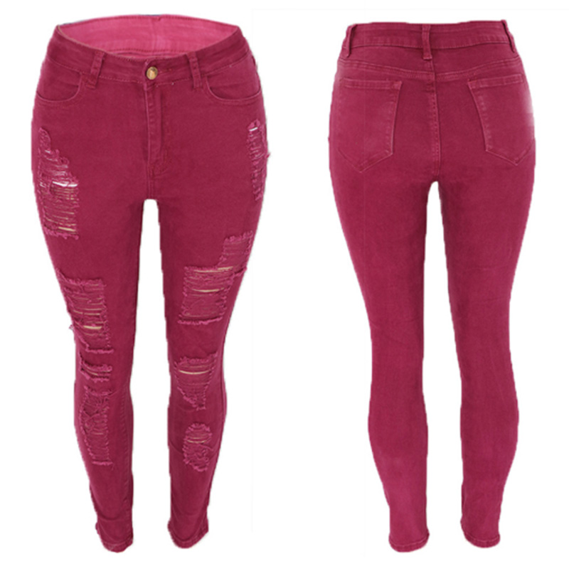 Women Skinny Ripped Hole Jean Mid Waist Pants Ladies Casual Slim Fit Long Pants Female Trousers