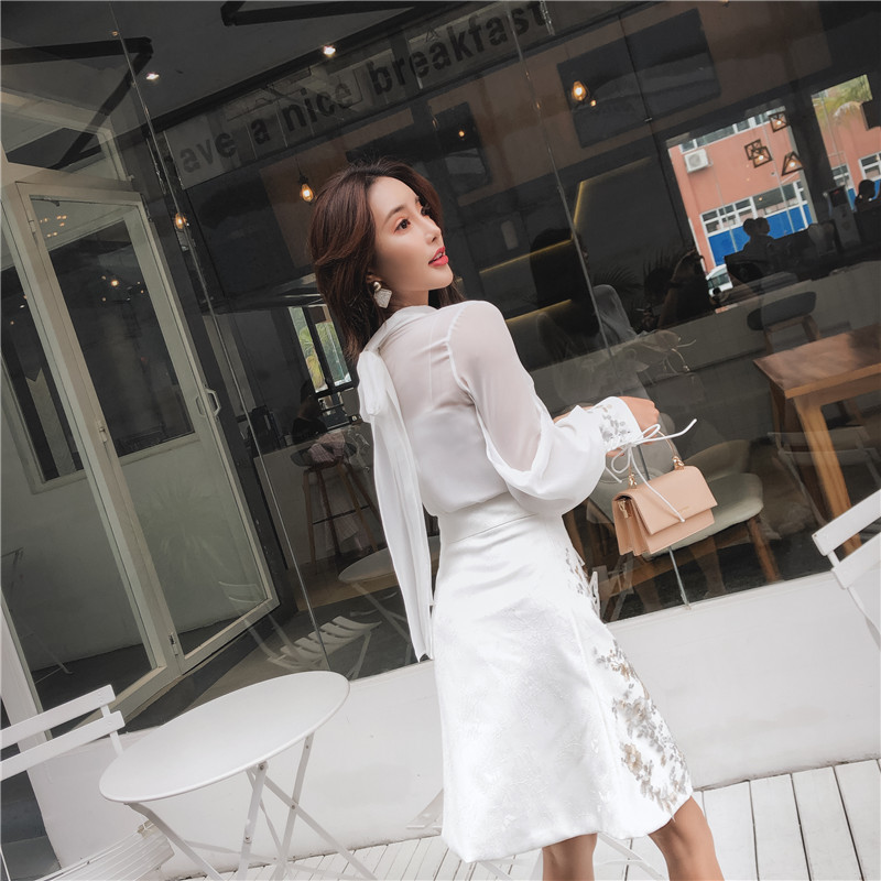 Conjunto de vestido de duas peças, mais recente moda passarela feminina manga comprida blusa branca + cintura alta bordado miçangas conjunto de saia de 2 peças 2024