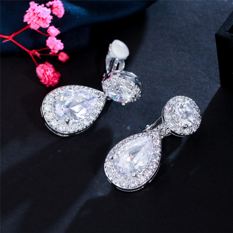 Senhora luxo prata clip ons brinco designer para mulher clipes de orelha não perfurados cobre branco aaa zircônia gota diamante feminino casamento noivado brincos pendurados jóias