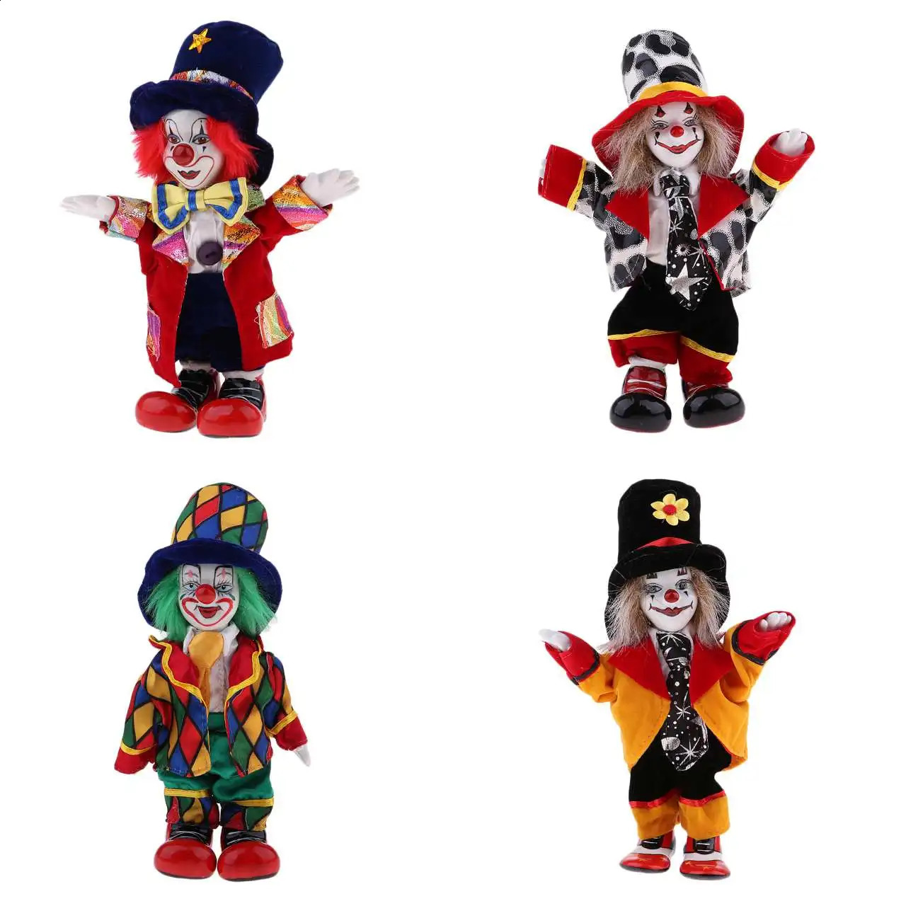 Dockor 9 tum porslin Smiling Clown Doll Wearing Outfits Funny Harlequin Circus Props Halloween Juldekoration Barngåvor 231109