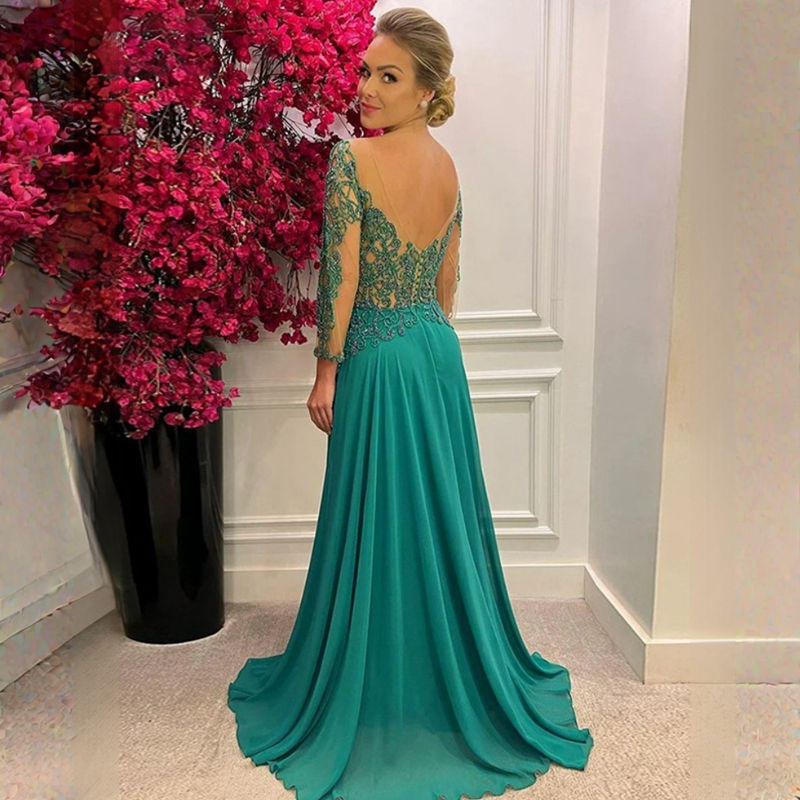 Green Long Sleeves Lace Mother of The Bride Dresses Chiffon Floor-Length Draped Pleated Mother's Dress Wedding Guest Elegant Prom Gown