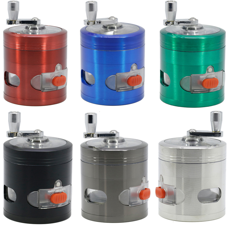 Wholesale Smoking Tobacco Grinders Herb 63mm With Spinning Handle drawers Metal Hand Grinder Bottom Open Window 