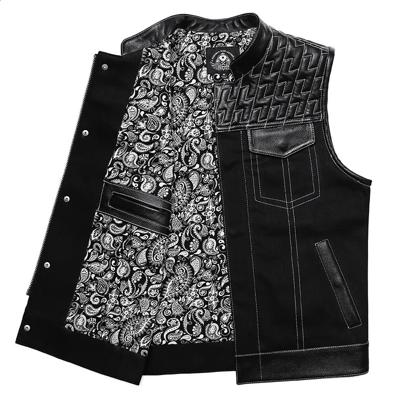 Heren Vesten SOA Club Stijl Motorfiets Lederen Vest Mannen Koeienhuid Denim Patchwork Vest Biker Man Mouwloze Jas 231109