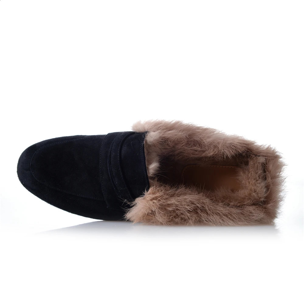 Slippers YJXKJY Echt leer Klassiek Platte bodem Kleine ronde kop Casual buitenpantoffels Antislip Echt konijnenhaar damesslippers 231110