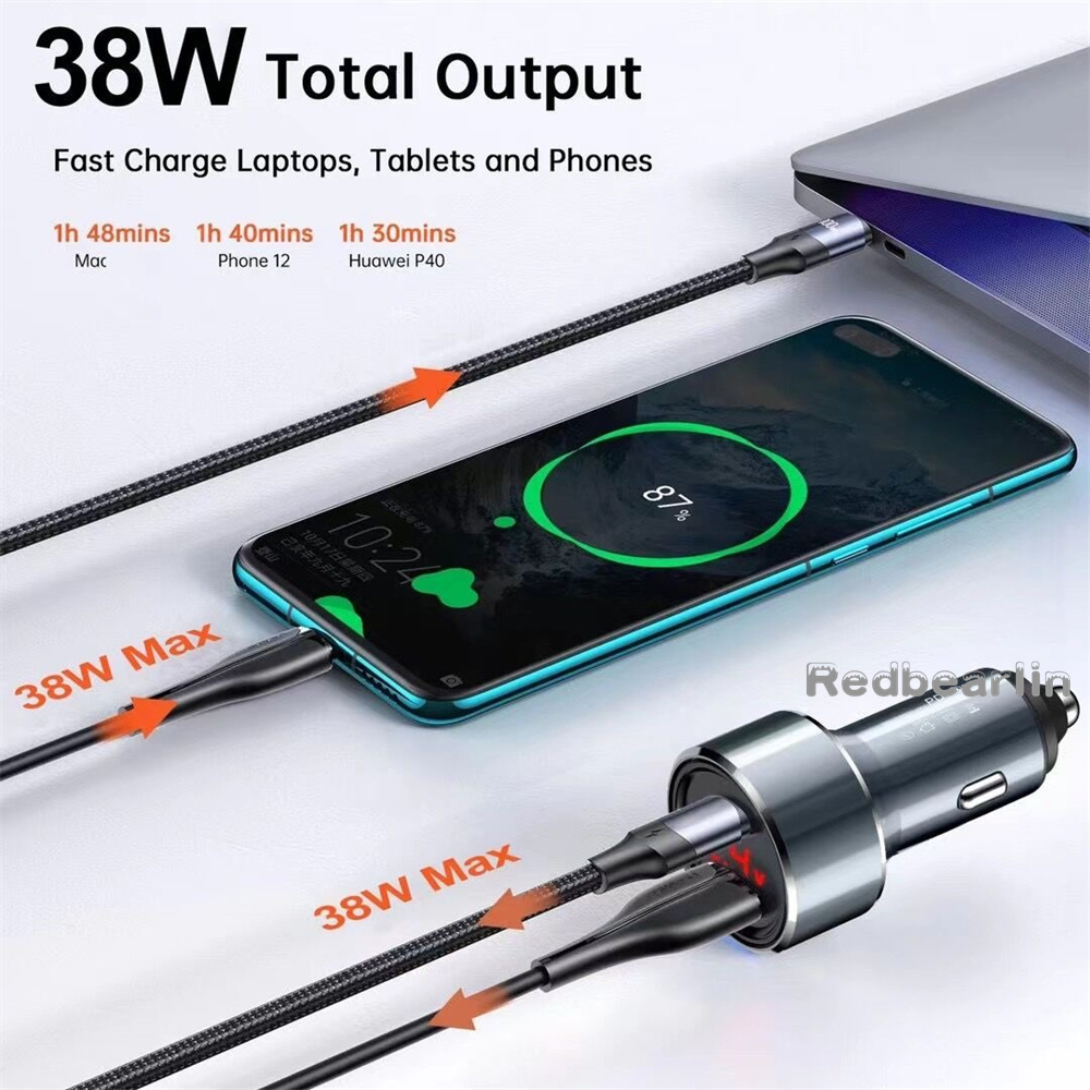 شحن سريع سريع للغاية 38W المنافذ المزدوجة USB C شاحن سيارة الشاحن المعدني معارض عرض QC3.0 مركبة شواحن السيارة محول الطاقة لجهاز iPhone 11 12 13 14 15 Samsung HTC GPS PC