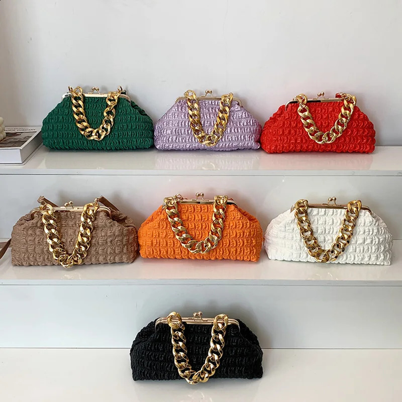 Evening Bags Luxury Brand Women Purple Orange Crossbody Bags Clip Handbags And Purse Prom Clutch Female Thick Chain Ruched Shoulder Bags 231110