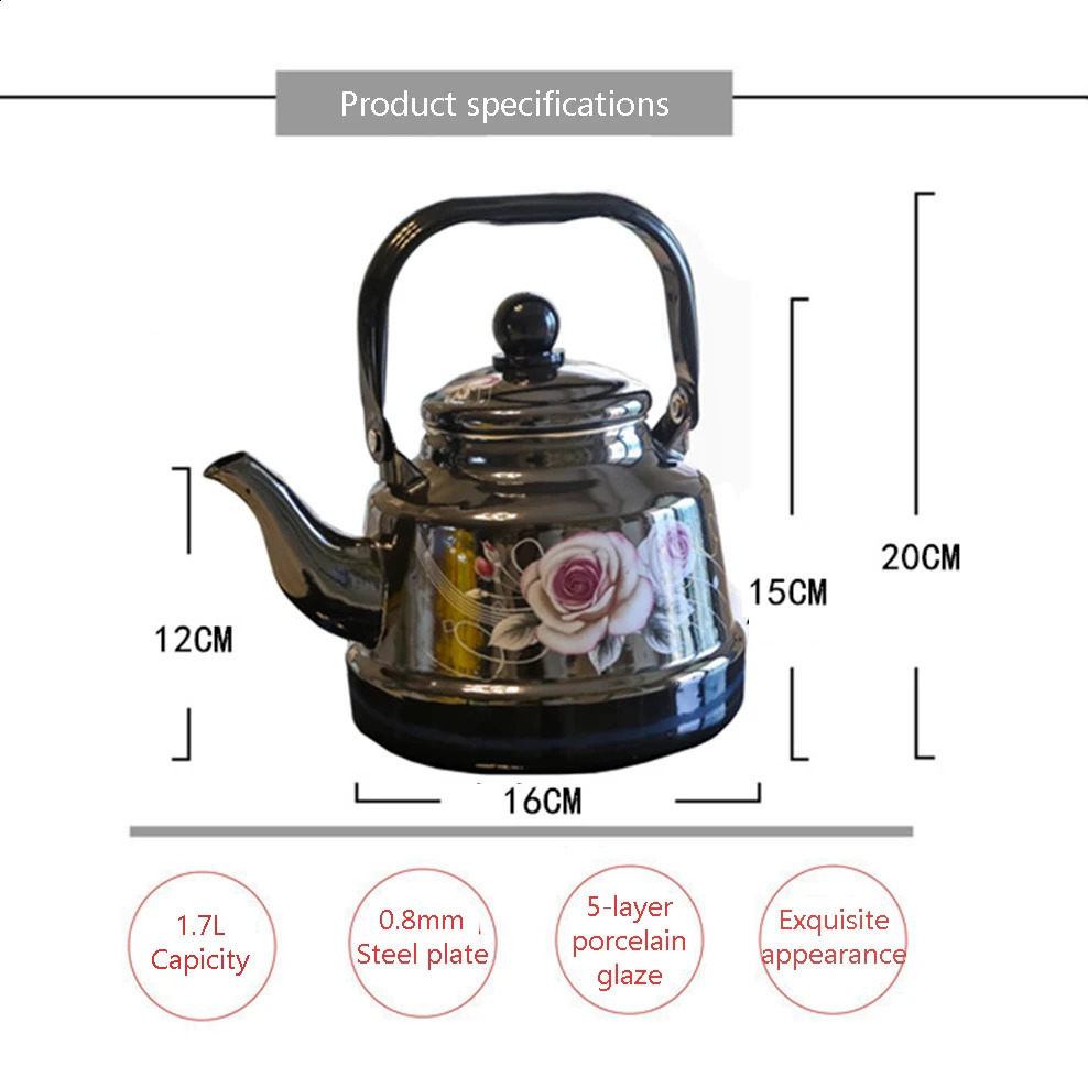 Vattenflaskor 17L Emalj kokande vattenkokare svart porslin emaljerad flatbottomed potten Ancient Bell Teapot för induktionskokningskokning 231109