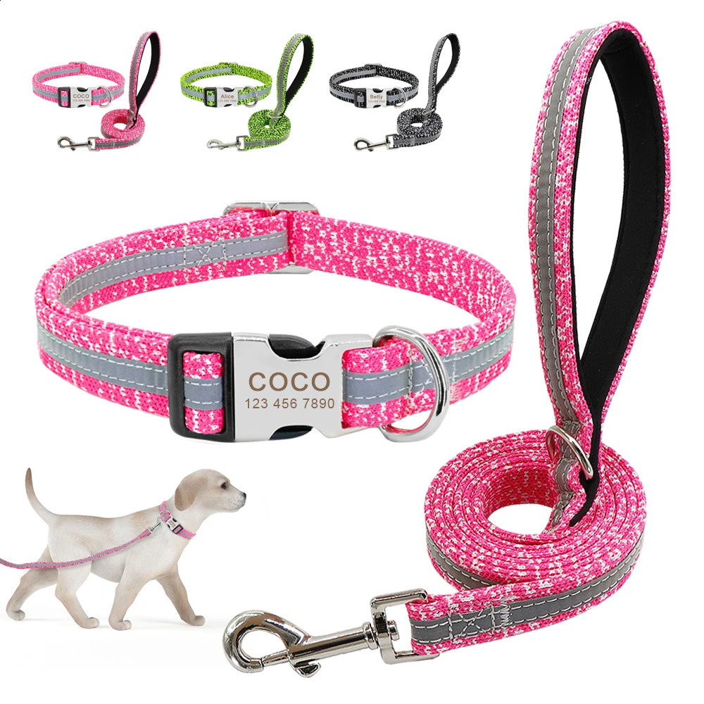 Coleiras para cães Trelas Coleira e trela personalizadas para cães Conjunto de coleiras de nylon reflexivas para animais de estimação Etiqueta de identificação gravada com trela para cães pequenos e grandes Pitbull 231110