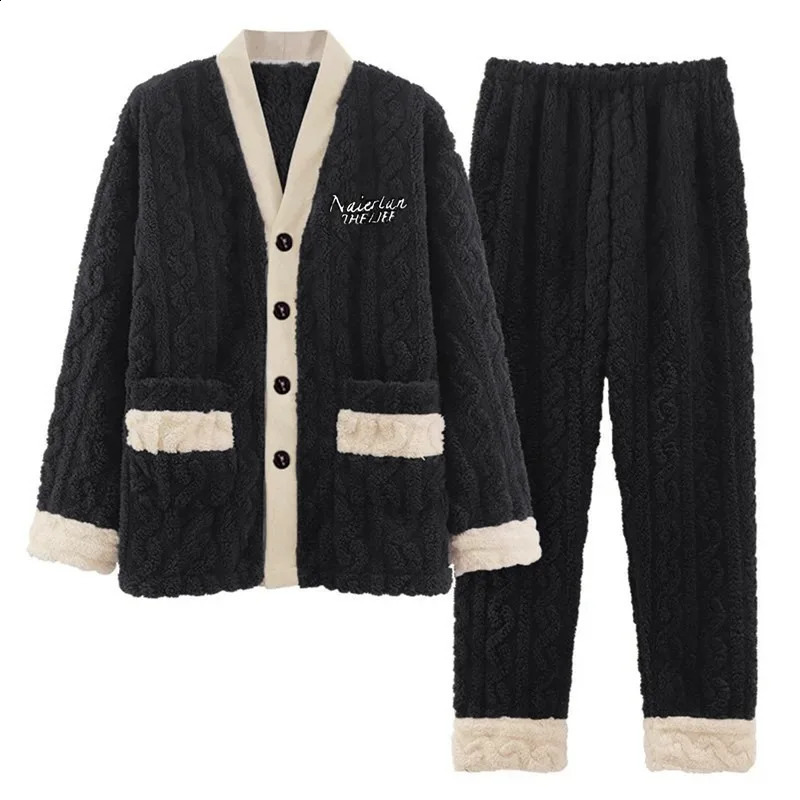 Indumenti da notte da uomo Uomo Inverno caldo pigiama di flanella Set scollo a V Cappotto soffice Pantaloni lunghi Uomo dormire 2 pezzi Abbigliamento la casa 3XL 231109