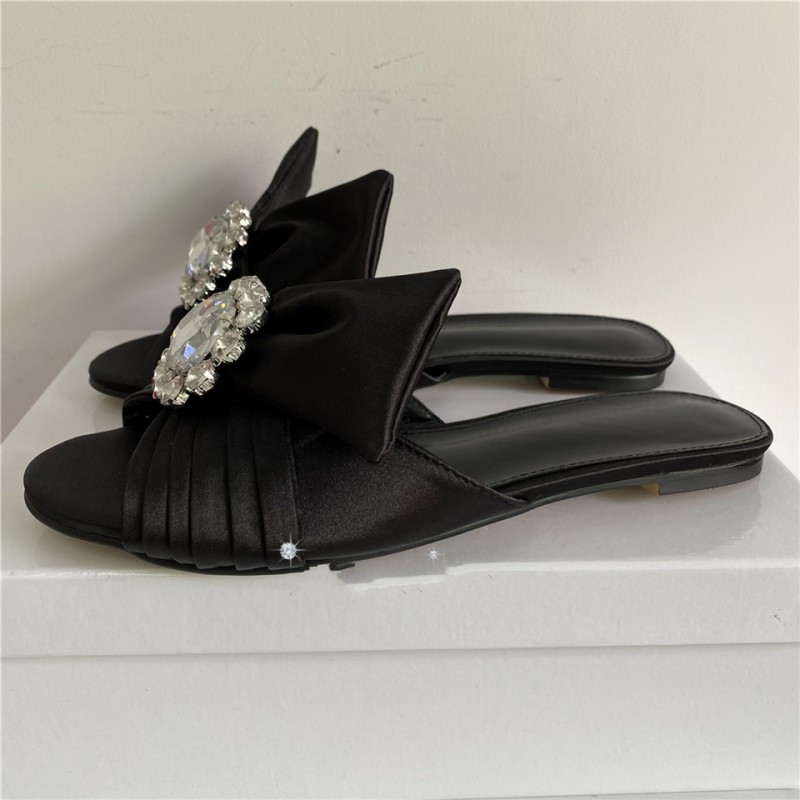 Luxury Satin Pleated Butterfly-Knot Lady Mules Sandals Sexy Open Toe Crystal Rhinestone Buckle Decor Flat Heel Slippers Women