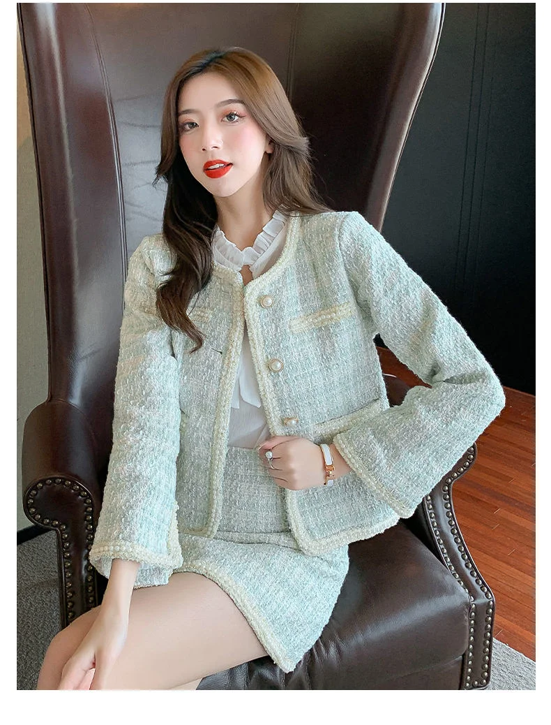 Two Piece Dress Autumn Sets Women Korean Vintage Temperament Elegant Long Sleeve Button Tweed Short Jacket High Waist Bodycon Skirt Suit 2024