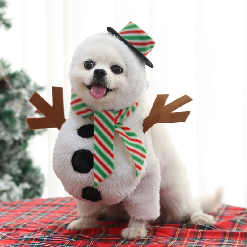 Hundebekleidung Weihnachts-Haustierprodukt Supersüßer weißer Schneemann-Kostüm für kleine Hunde Winterlustige stehende Schneemann-Weihnachtshaustierkleidung für große Hunde 231110
