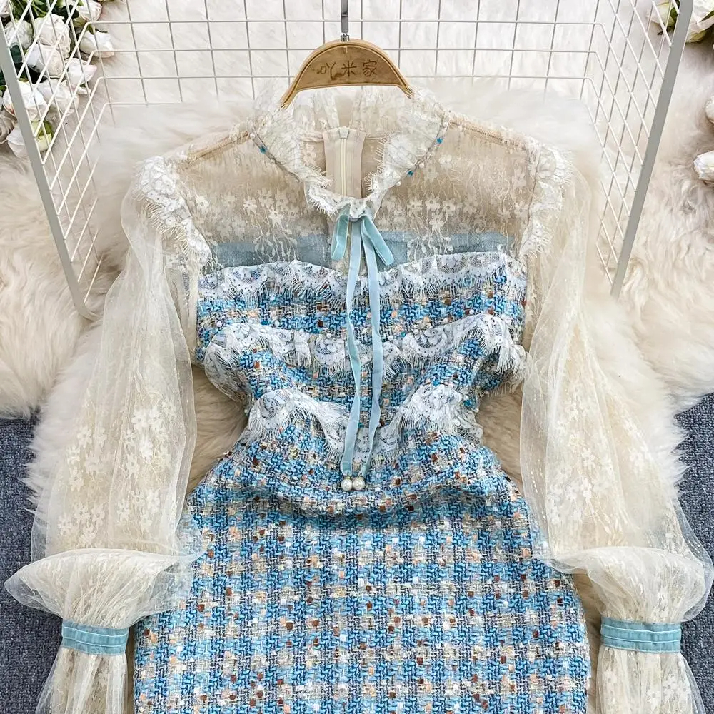 Casual Dresses Spring Runway High Quality Women Long Flare Sleeve Mesh Patchwork Bow Tie Beaded Tweed Dress Office Lady Work Vesitdos 2024