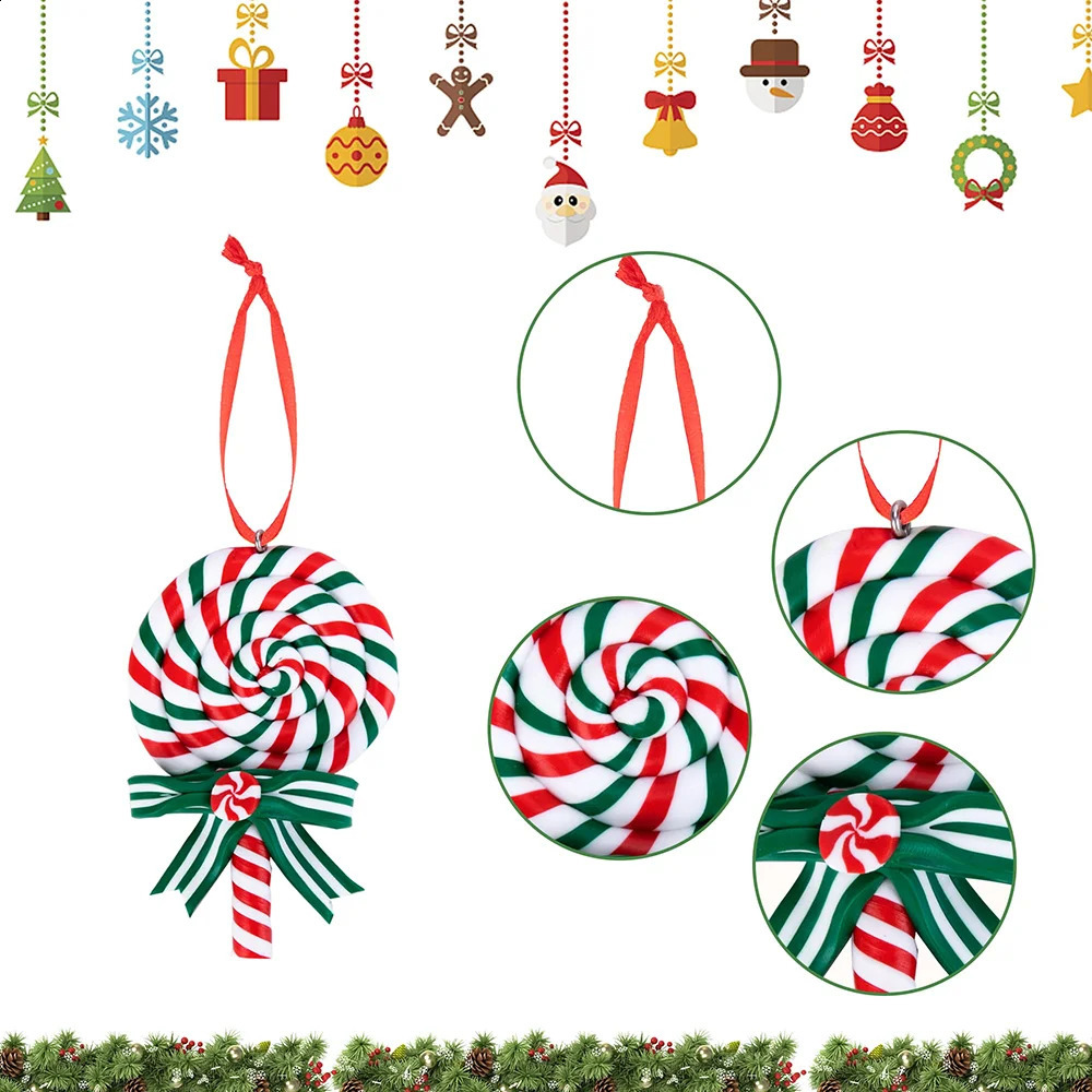 Christmas Decorations Lollipop Ornaments Candies Polymer Clay Ornament Candy Cane Hanging Xmas Tree Decoration 231109