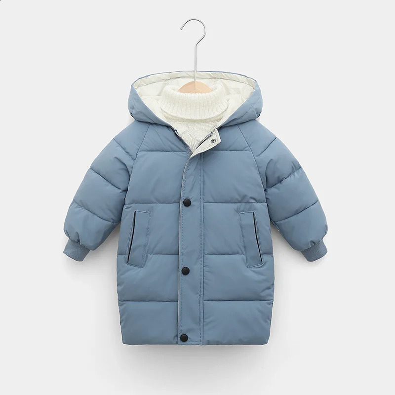 Куртки Зимняя детская пуховая куртка средней длины для малышей для мальчиков и девочек, однотонный повседневный кардиган с капюшоном 231109