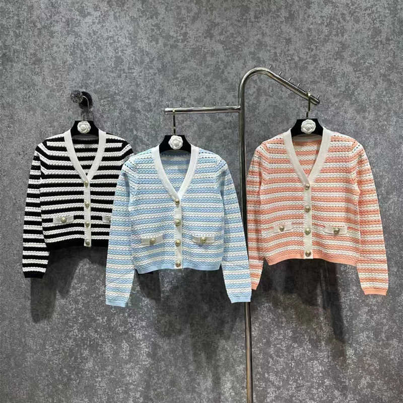 Kurtki damskie projektant B Family 2023 Autumn/Winter New French Stripe V-Neck wełniana wełniana wszechstronna dzianina Transmisja na żywo I9G0