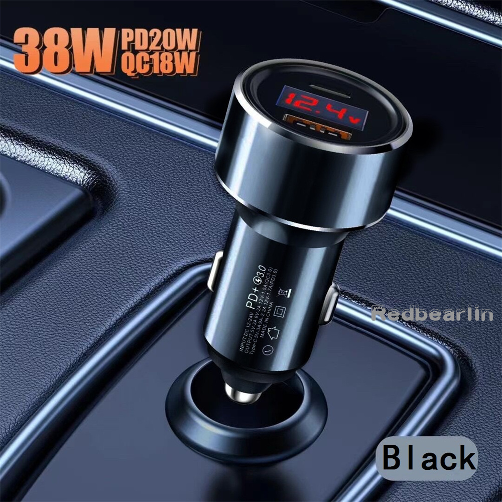 Super Fast Quick Charging 38W Dual Ports USB C Car Charger Metal Alloy LED Display QC3.0 Vehicle Car Chargers Power Adapter For Iphone 11 12 13 14 15 Samsung htc GPS PC