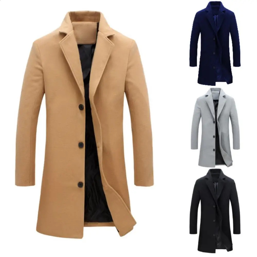 Mélanges de laine pour hommes automne hiver solide mince Long manteau de laine hommes simple boutonnage revers veste pardessus mince affaires Trench mâle décontracté 9 couleurs 231109